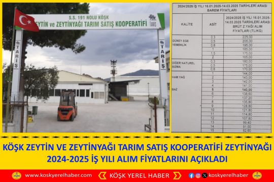 KÖŞK ZEYTİN VE ZEYTİNYAĞI SATIŞ KOOPERATİFİ ZEYTİNYAĞI 2024-2025 İŞ YILI ALIM FİYATLARINI AÇIKLADI